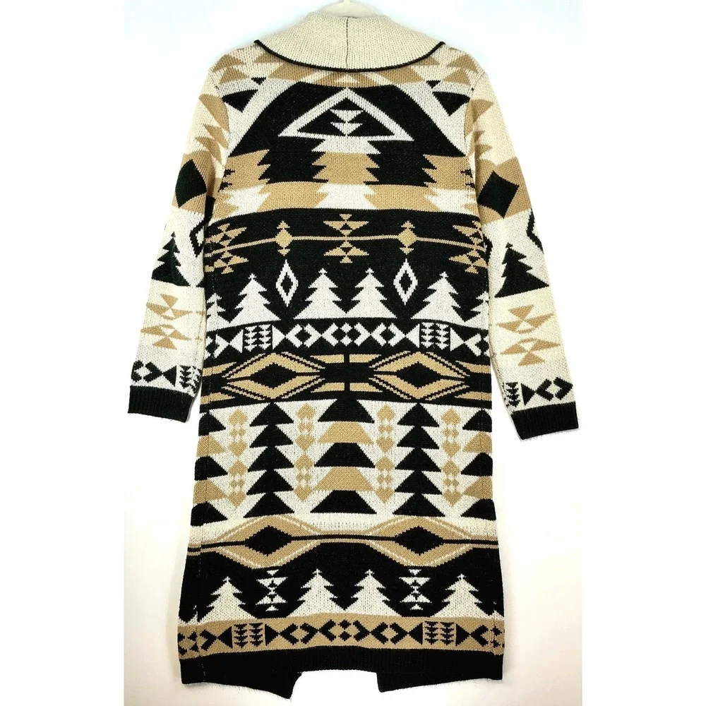 Maurices Western Geo Print Duster Sweater Sz S Black Beige Shawl Collar Cardigan